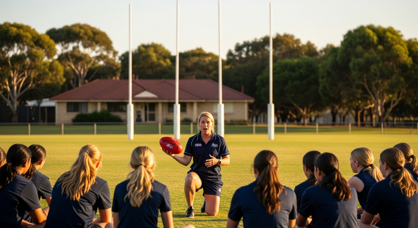 A multicultural group of teenage and young-adult Australian female players gathered in a natural training huddle on the grass of a community oval at golden hour, with a female head coach kneeling in front of them holding a red Sherrin AFL ball, white goal posts and a clubhouse in the distance