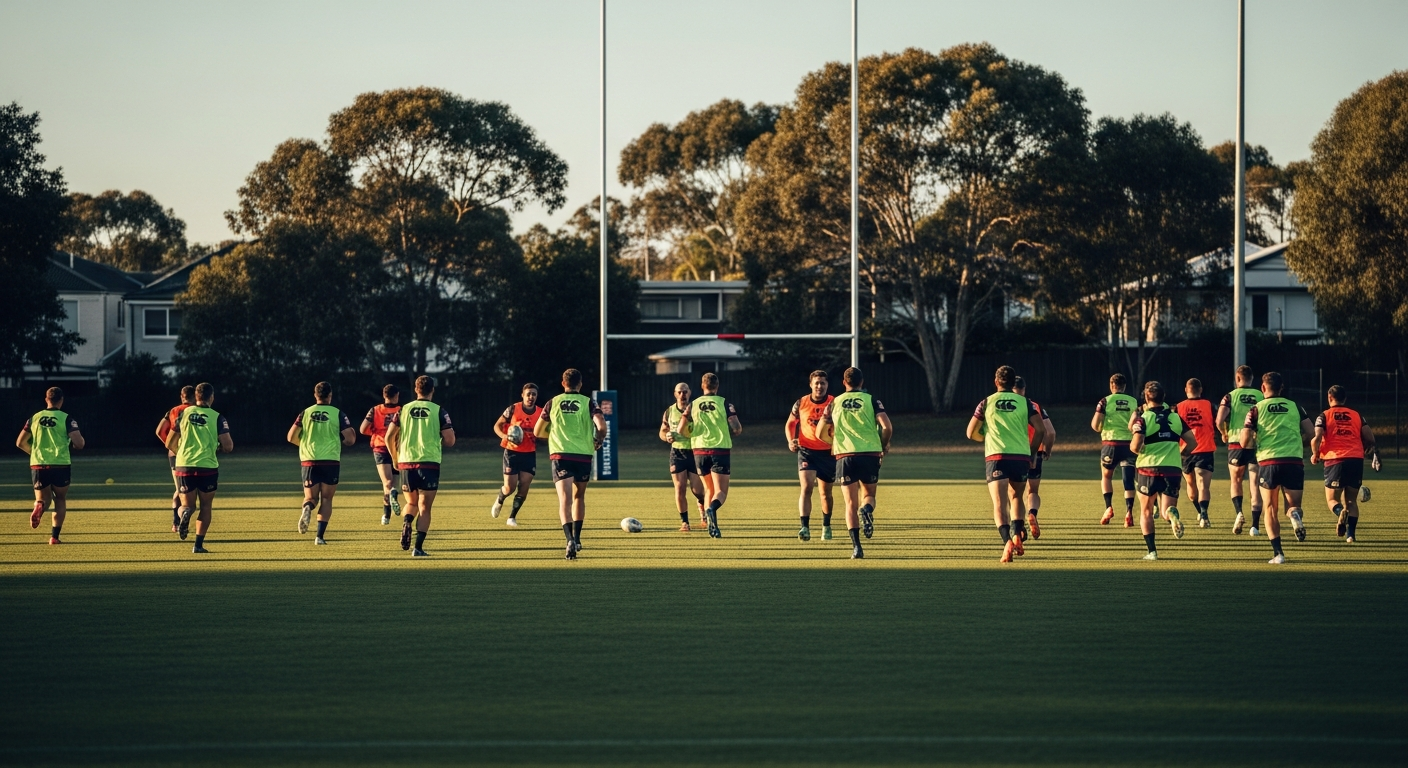 Wide shot of a rugby league team training in high-vis bibs on a grass park